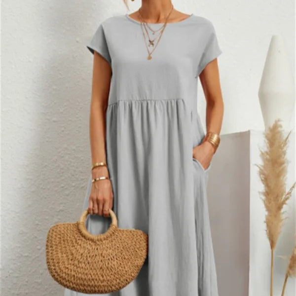 Sommerkjole i Bomull – Elegant Boho A-linje Kjole med Korte Ermer for Kvinner