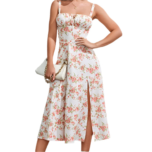 Sommerkjole med Blomsterprint – Midi Lengde med Splitt og Justerbare Stropper