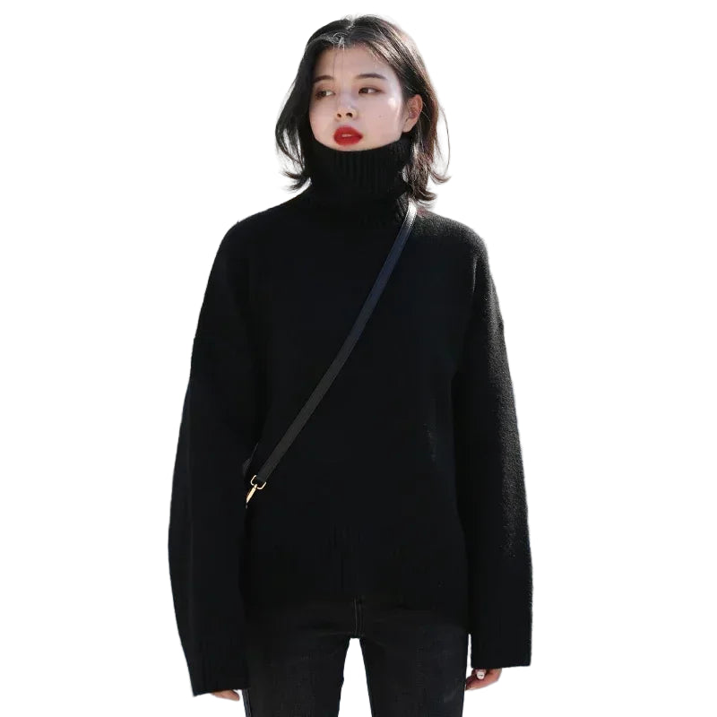 Koreansk Høyhalset Strikkegenser for Kvinner – Løs, Myk og Varm Genser til Høst og Vinter