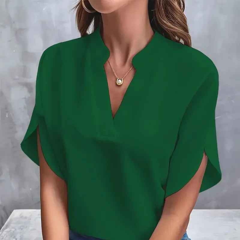 Elegant og Løs V-hals Bluse til Dame – Halv Erm og Pullover-stil (2024)
