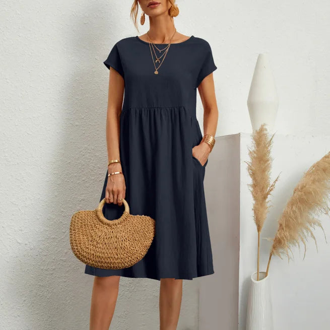 Sommerkjole i Bomull – Elegant Boho A-linje Kjole med Korte Ermer for Kvinner