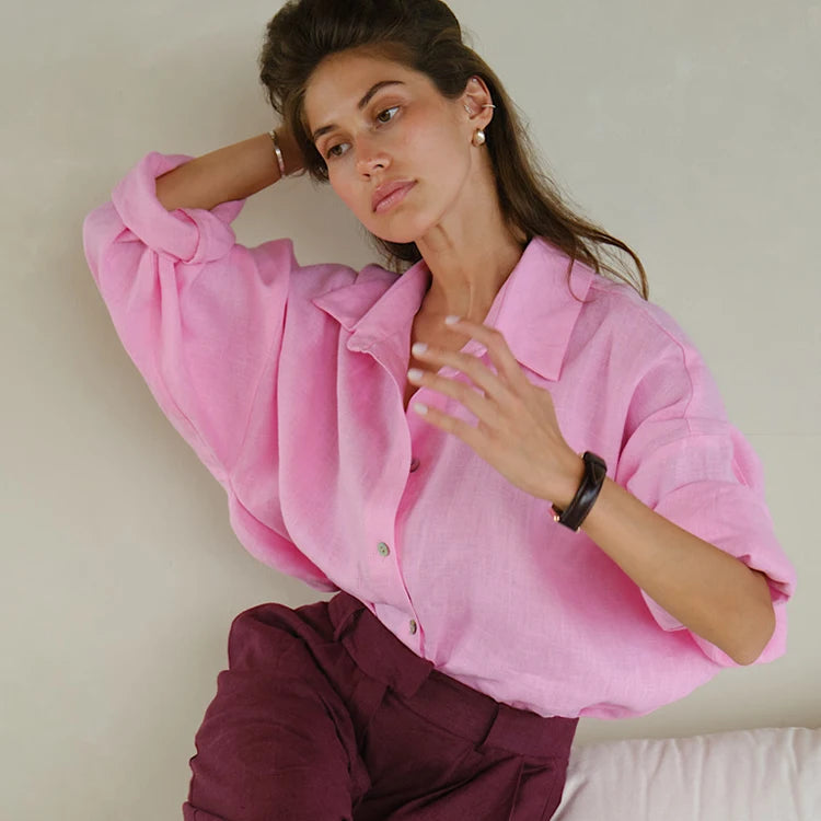 Hvit Linbluse for Dame – Elegant Oversized Skjorte i Bomull og Lin | Vårens Klassiske Basic med Krage