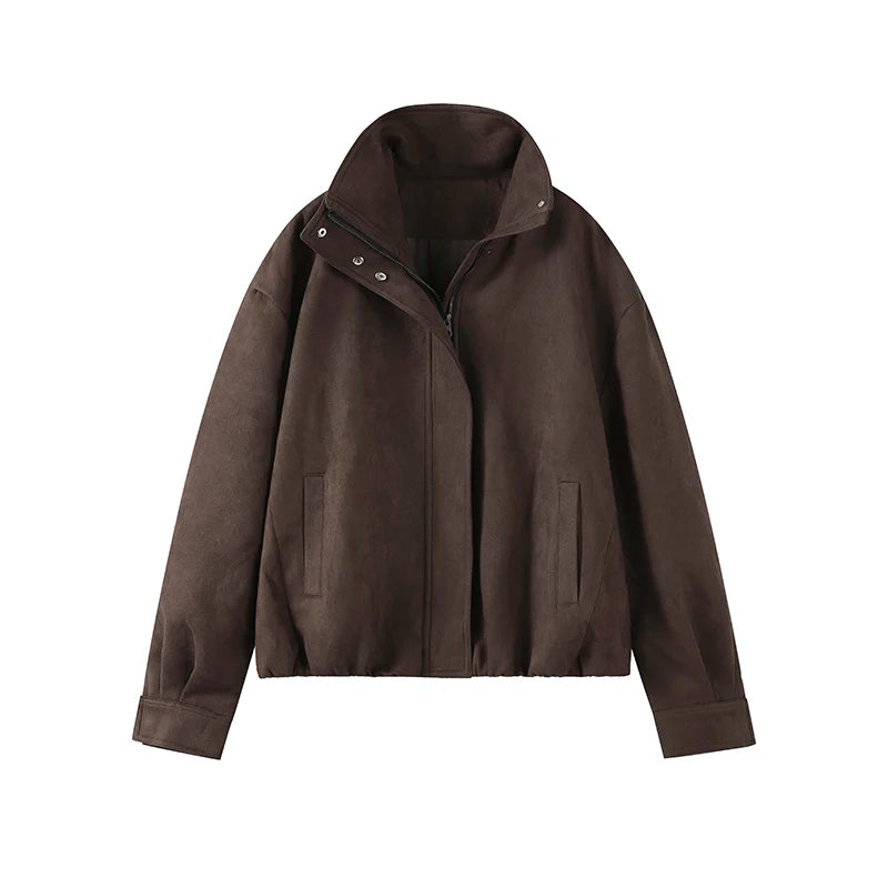 Varm damejakke i brun – ståkrage, glidelås & knapper