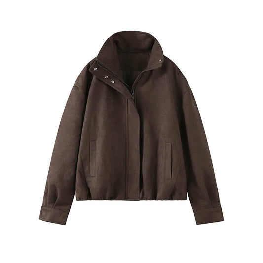 Varm damejakke i brun – ståkrage, glidelås & knapper