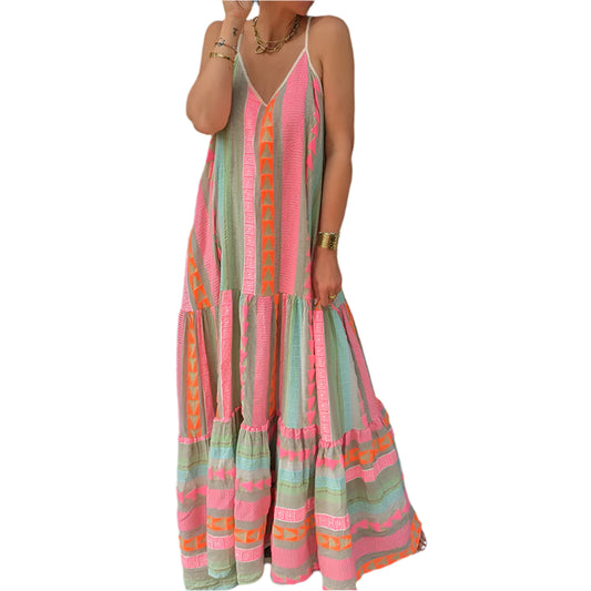 Elegant Sommerkjole med Volanger – Ermeløs Boho Maxikjole med V-hals