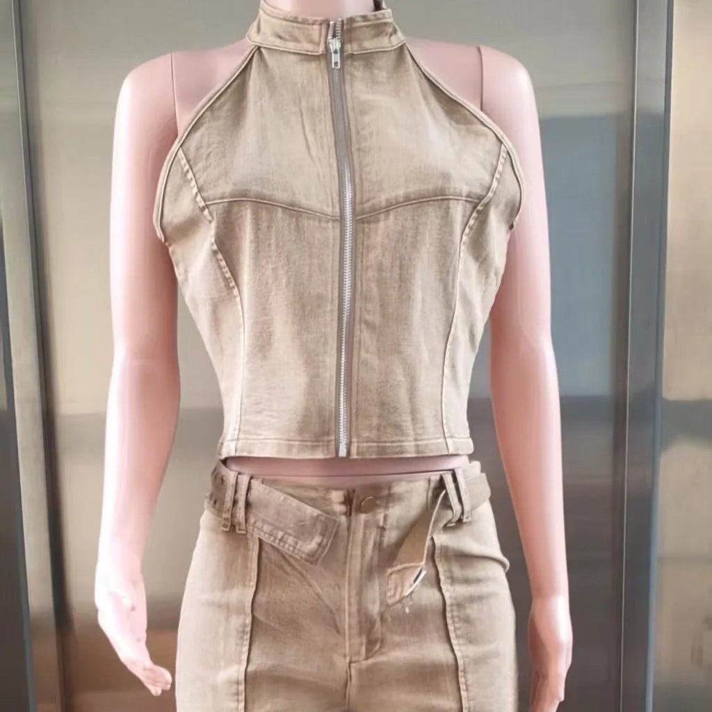 Trendy Denimsett for Kvinner – Kort Cardigan med Glidelås & Ermeløs Crop Top + Skinny Shorts