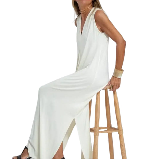 Sommerens Elegante V-hals Maxi-kjole – Ermeløs, Løs Passform og Splittdetalj