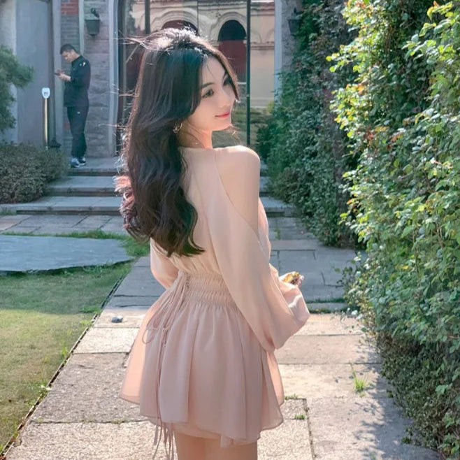 Elegant sommerkjole med puff-ermer – Off Shoulder mini-kjole i chiffon