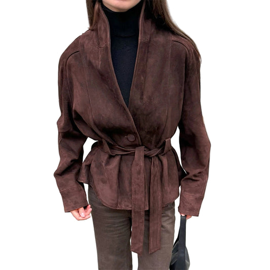 Retro Semsket Jakke for Dame – V-utringet Snørejakke i Semsket Look | Elegant Kontor- og Hverdagsjakke til Høst & Vinter 2025