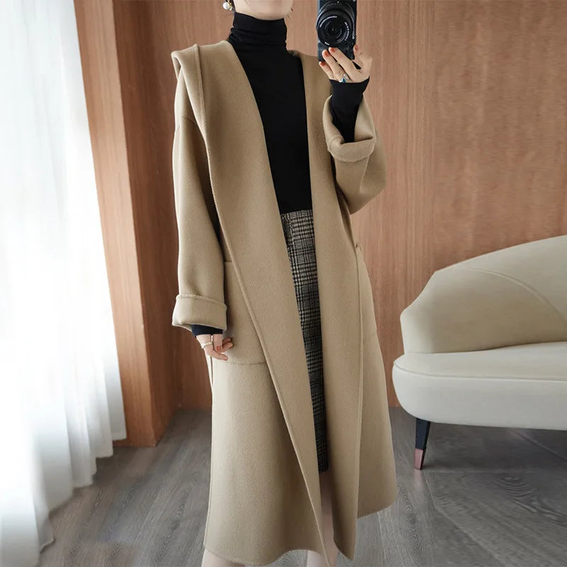 Vintage Elegant Cashmere Kåpe til Dame – Dobbelsidig Ullkåpe med Hette