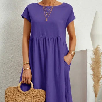 Sommerkjole i Bomull – Elegant Boho A-linje Kjole med Korte Ermer for Kvinner