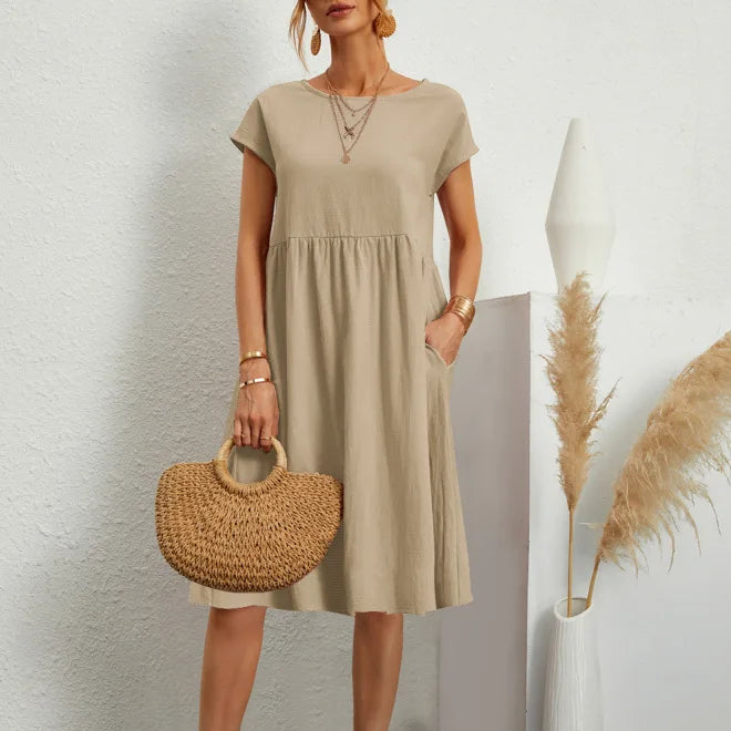 Sommerkjole i Bomull – Elegant Boho A-linje Kjole med Korte Ermer for Kvinner
