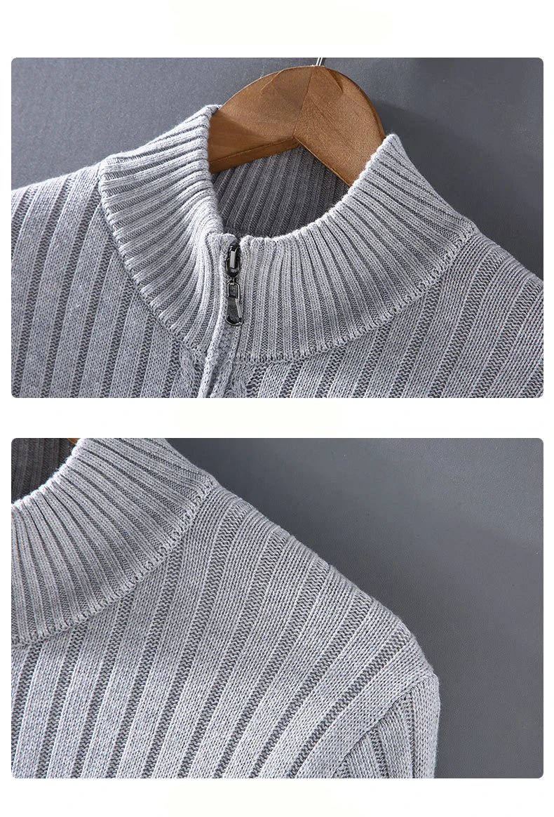 Strikket Herrecardigan med Glidelås – Slim Fit, Halvhøy Hals og Varm Komfort til Vår og Høst