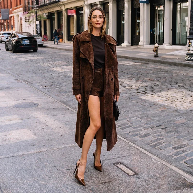 Lang Semsket Frakk for Dame – Elegant Dobbeltspent Jakke med Belte | Vintage Stil til Høst og Vinter 2025