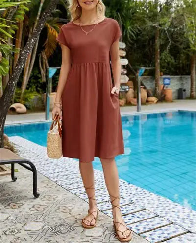 Sommerkjole i Bomull – Elegant Boho A-linje Kjole med Korte Ermer for Kvinner
