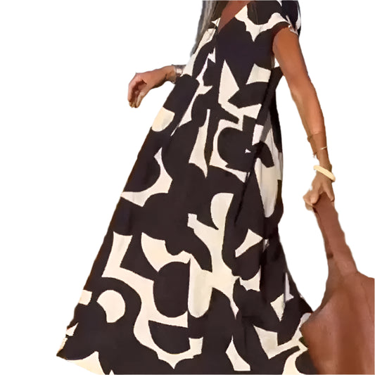 Bohemsk Maxikjole med Vintageprint – Ermeløs Sommerkjole med Høyt Liv