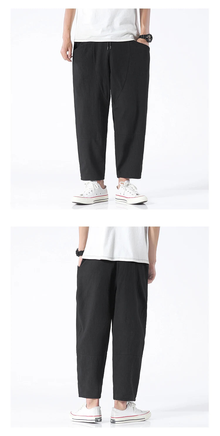 Trendy Herrebukser i 100% Bomull – Japanskinspirert, Løs Passform og Cropped Lengde (opptil 5XL)