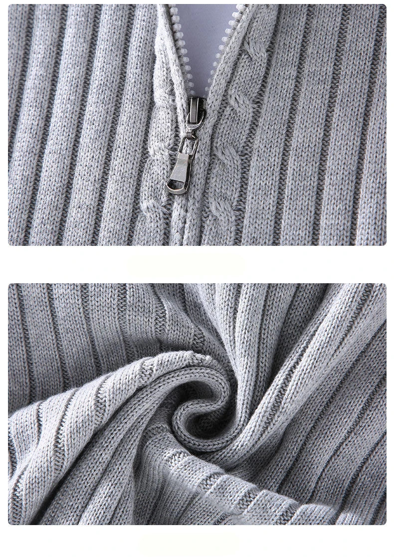Strikket Herrecardigan med Glidelås – Slim Fit, Halvhøy Hals og Varm Komfort til Vår og Høst