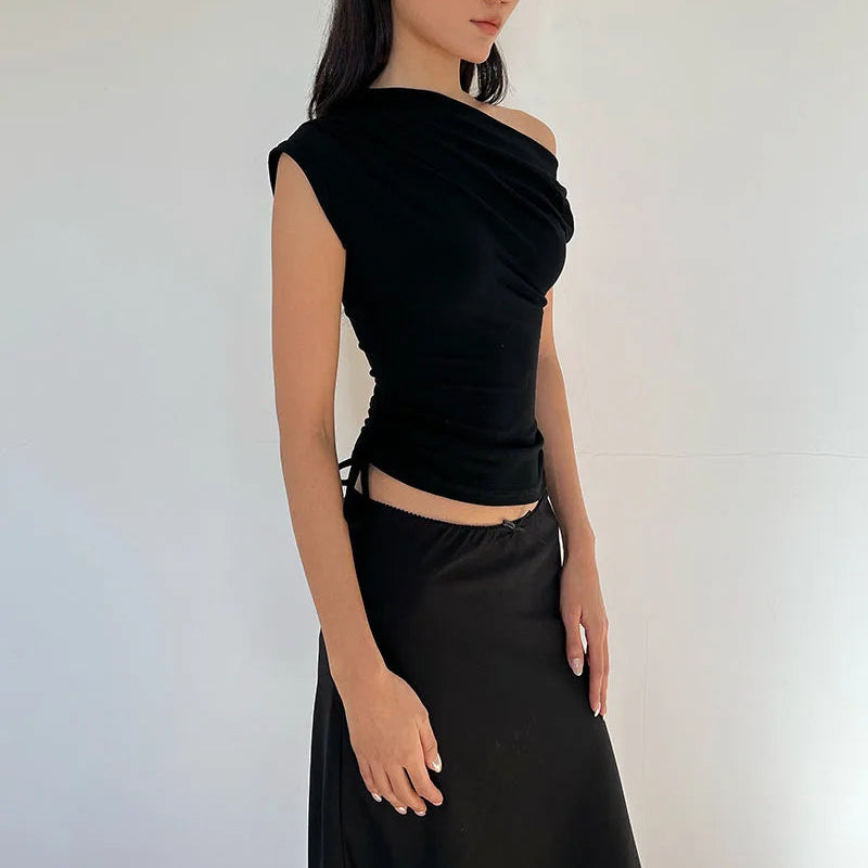 Énskulders Ribbestrikket Topp – Trendy Dame T-skjorte