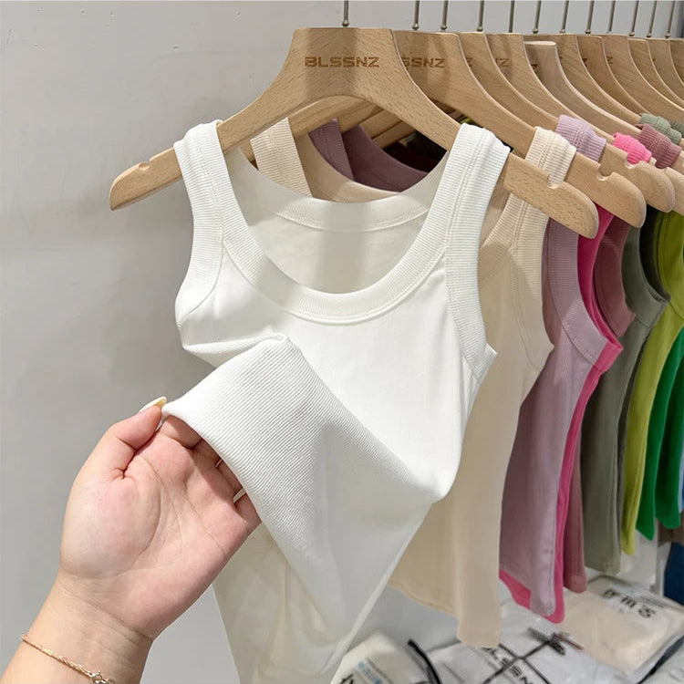 Ribbestrikket Rundhalset Topp – Basic Sommer Singlet for Dame