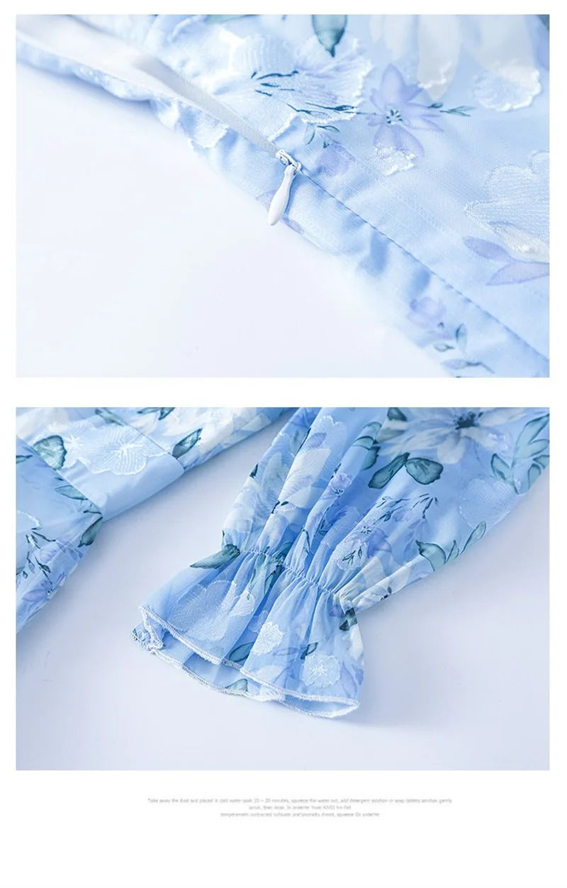 Lang Chiffon Kjole med Blomster – Vårens Elegante V-utringede Kjole med Markert Midje