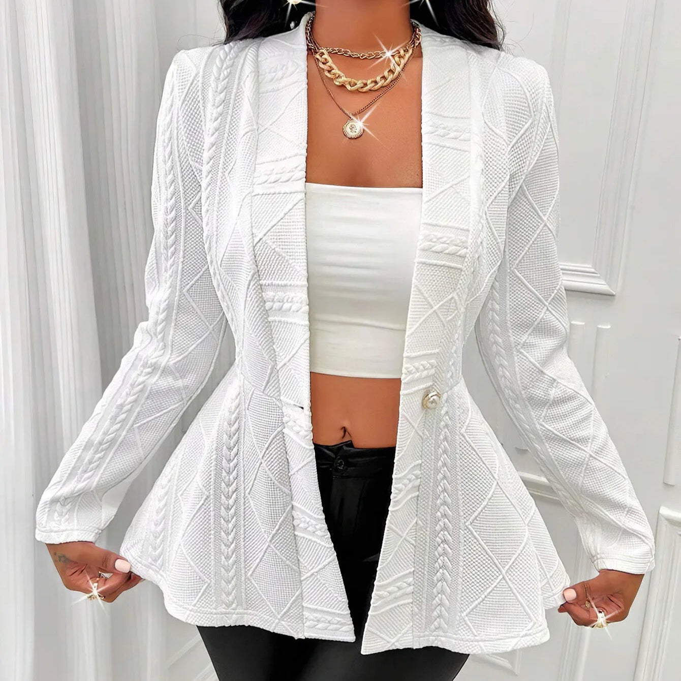 Elegant Dameblazer – Tykk Jacquard Jakke til Høst og Vinter