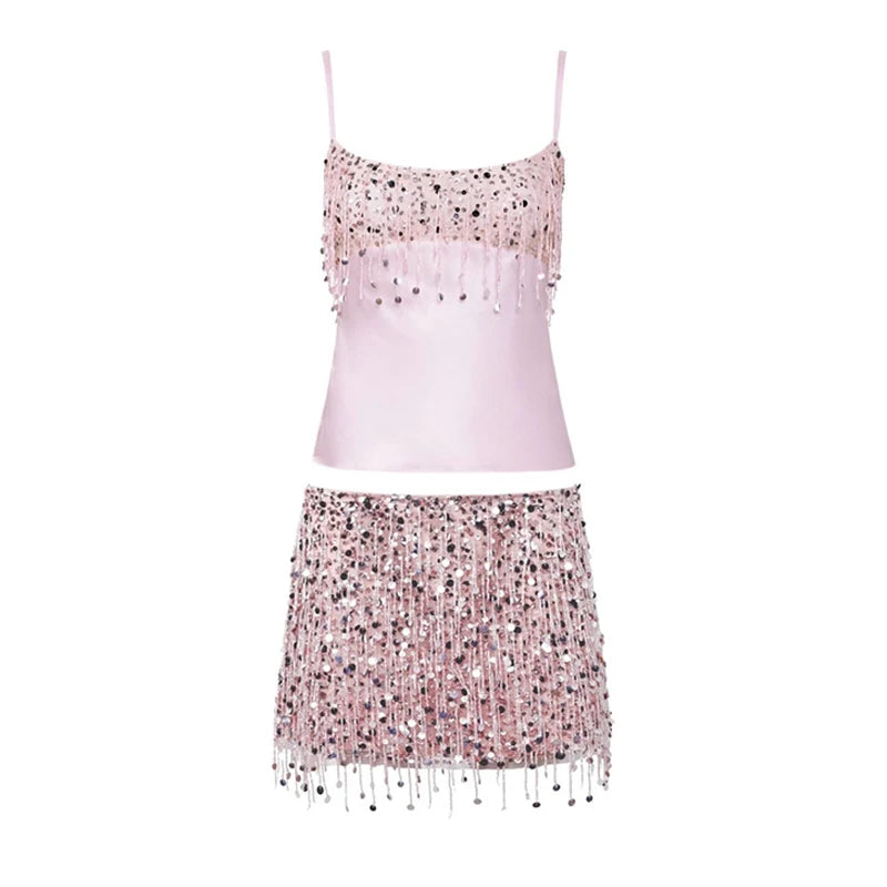 Glimrende Ibiza-sett – Paljetter & Frynser, Ermeløs Topp & Skjørt