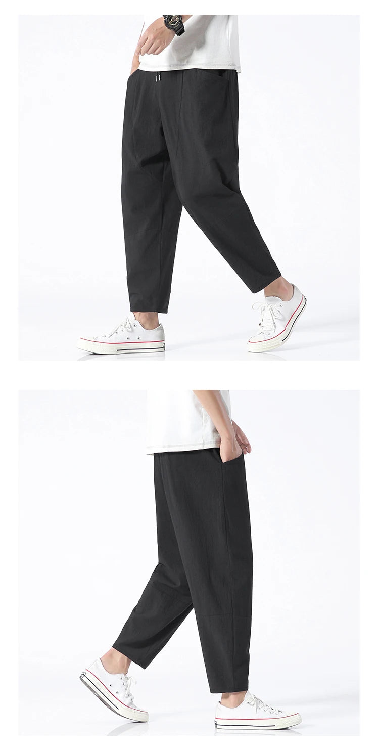 Trendy Herrebukser i 100% Bomull – Japanskinspirert, Løs Passform og Cropped Lengde (opptil 5XL)