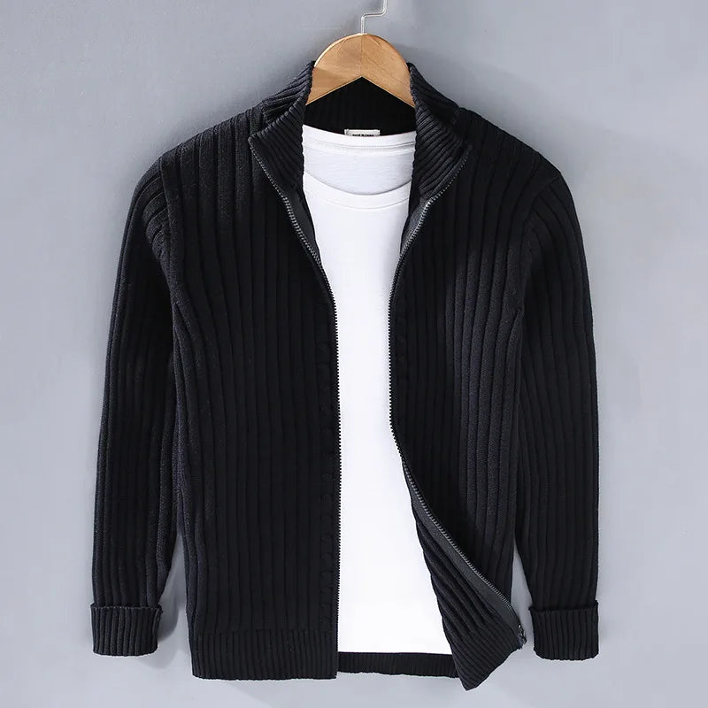 Strikket Herrecardigan med Glidelås – Slim Fit, Halvhøy Hals og Varm Komfort til Vår og Høst