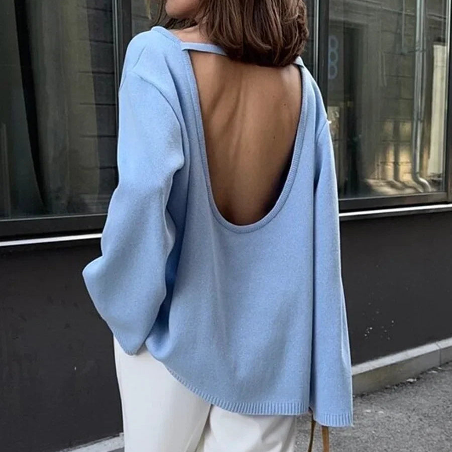 Strikkegenser for Kvinner – Myk Bomullsgenser med Åpen Rygg | Løs, Trendy og Elegant til Høst og Vinter