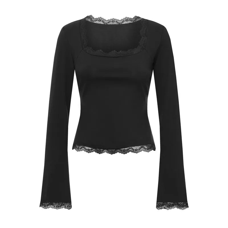 Trendy Kvadratisk Hals Topp med Blondekant – Langermet Slim Fit