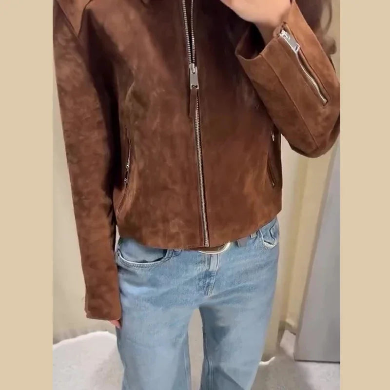 Vintage Semsket Kort Jakke til Dame – Streetwear med Glidelås & Krage