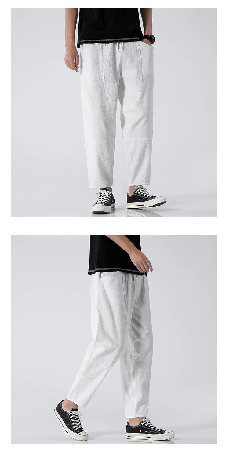 Trendy Herrebukser i 100% Bomull – Japanskinspirert, Løs Passform og Cropped Lengde (opptil 5XL)