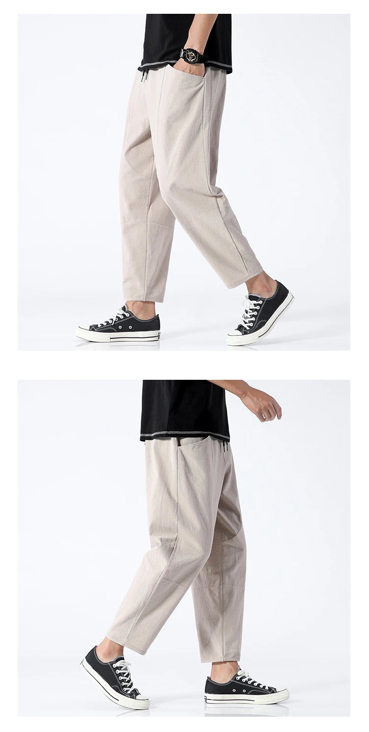 Trendy Herrebukser i 100% Bomull – Japanskinspirert, Løs Passform og Cropped Lengde (opptil 5XL)