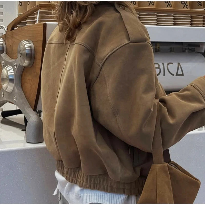 Dame Bomberjakke – Vintage Semsket Patchwork med Glidelås & Lommer