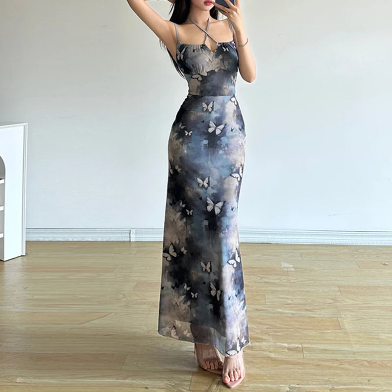 Sommerkjole med Sommerfugltrykk – Ermeløs Maxikjole med Stropper