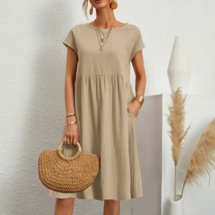 Sommerkjole i Bomull – Elegant Boho A-linje Kjole med Korte Ermer for Kvinner