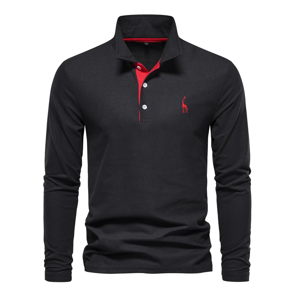 Langermet Pique Skjorte for Herre – Ensfarget med Brodert Hjort, Perfekt for Vår og Business Casual
