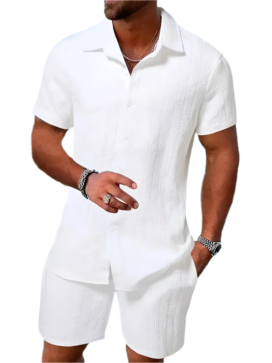 Sommerens Nyhet 2025 – Herresett med Skjorte og Shorts | Avslappet To-delt Antrekk med Jacquard og Snøring