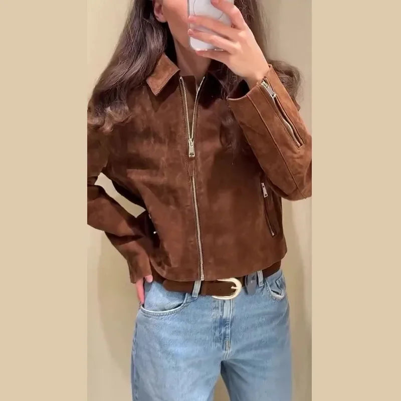 Vintage Semsket Kort Jakke til Dame – Streetwear med Glidelås & Krage