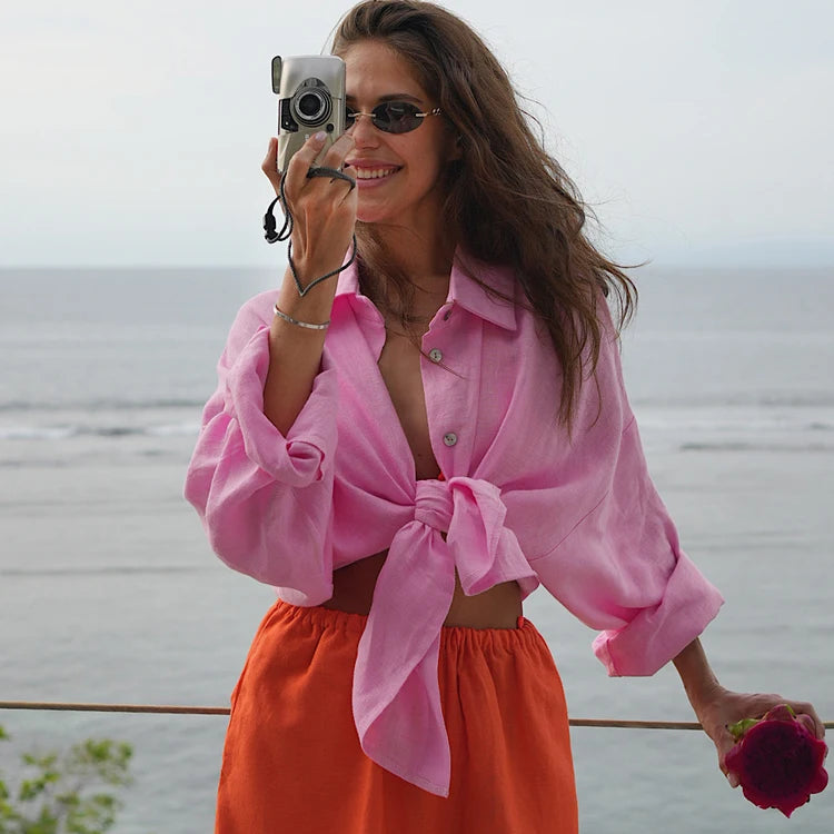 Hvit Linbluse for Dame – Elegant Oversized Skjorte i Bomull og Lin | Vårens Klassiske Basic med Krage