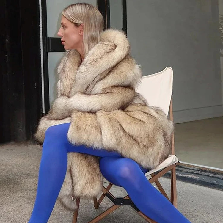 Luksuriøs Fuskepelsjakke for Dame – Oversized og Varm Jakke med Krage | Elegant Høst- og Vinterfrakk i High Street-stil