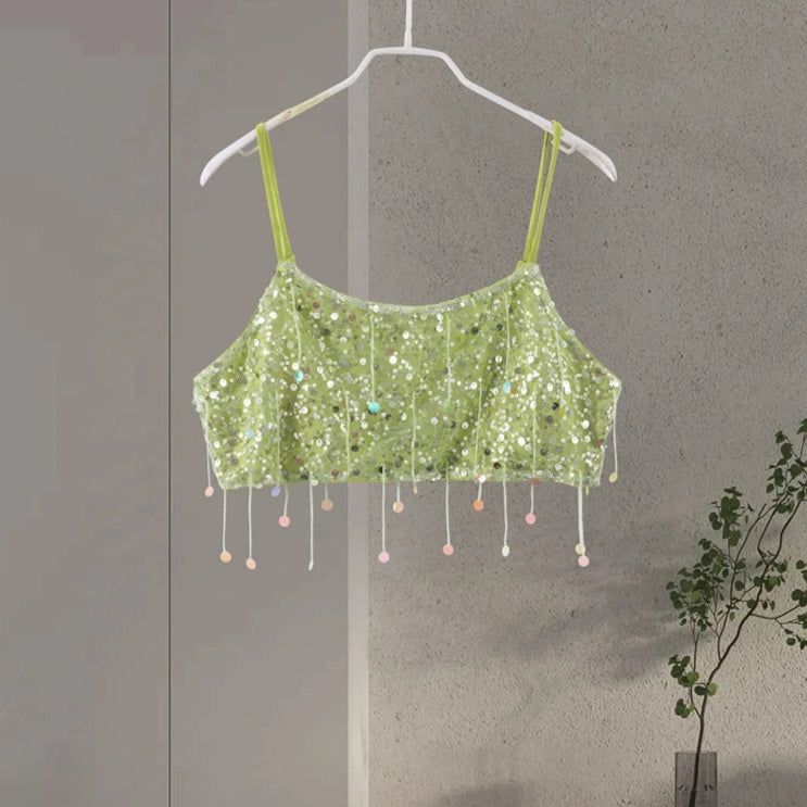 Glimrende Ibiza-sett – Paljetter & Frynser, Ermeløs Topp & Skjørt