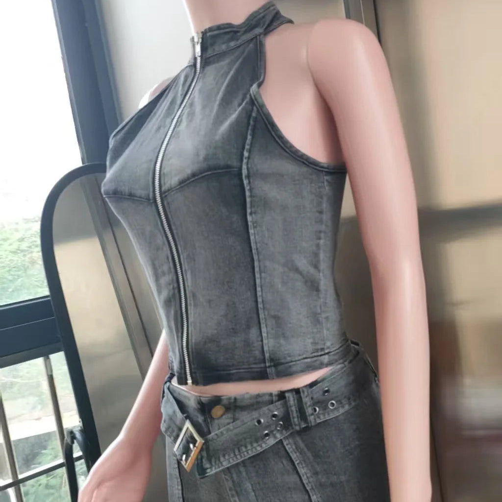 Trendy Denimsett for Kvinner – Kort Cardigan med Glidelås & Ermeløs Crop Top + Skinny Shorts