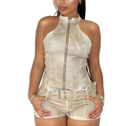 Trendy Denimsett for Kvinner – Kort Cardigan med Glidelås & Ermeløs Crop Top + Skinny Shorts