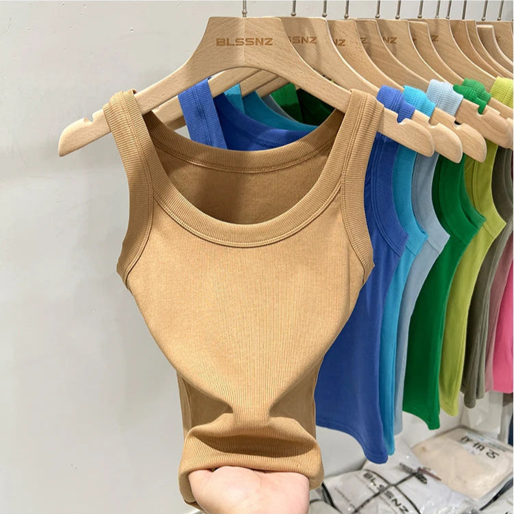 Ribbestrikket Rundhalset Topp – Basic Sommer Singlet for Dame