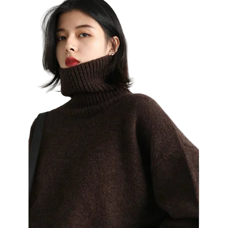 Koreansk Høyhalset Strikkegenser for Kvinner – Løs, Myk og Varm Genser til Høst og Vinter