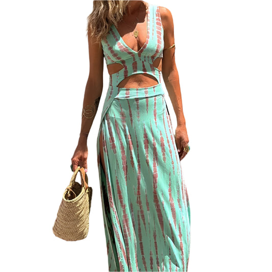 Ermeløs Sommerkjole med V-hals og Utskjæringer – Elegant Patchwork Kjole for Dame