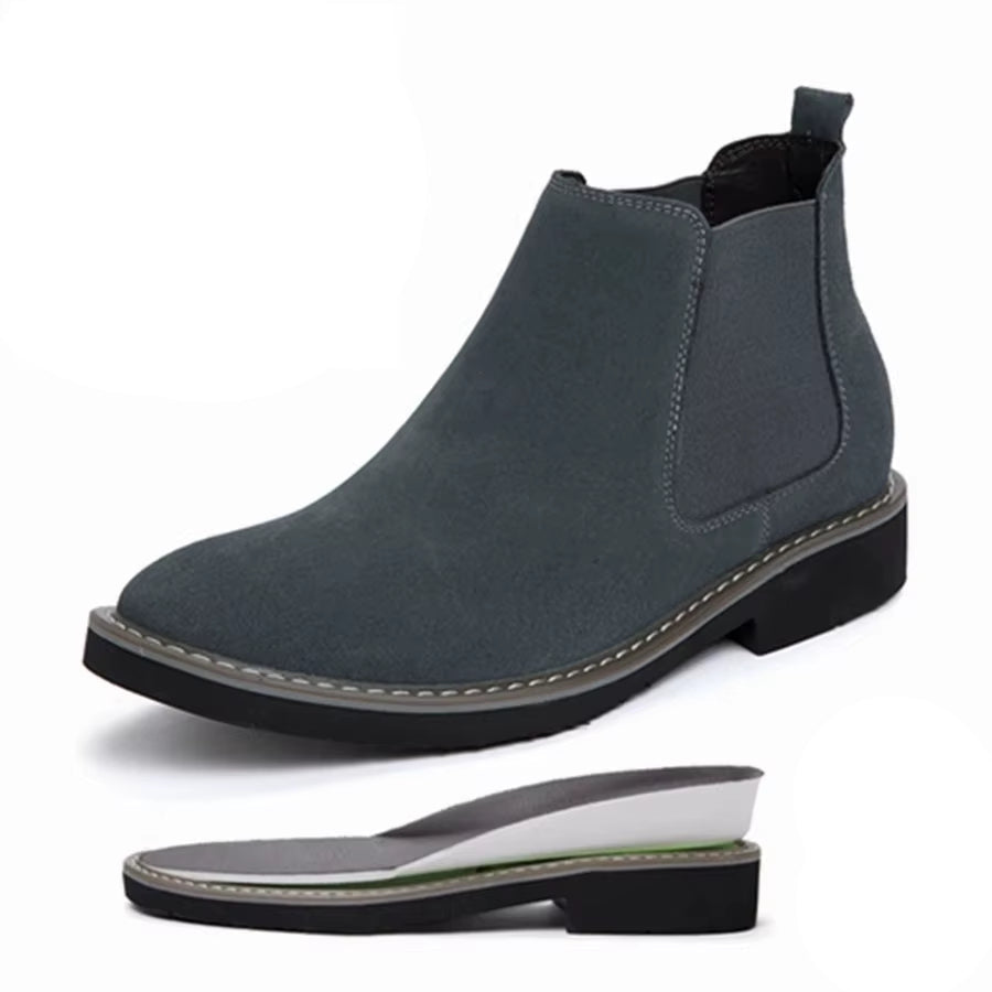 Høydeøkende Herreboots i Semsket Skinn – Chelsea-inspirerte Ankelstøvler med Skjult Hælløft på 6 cm