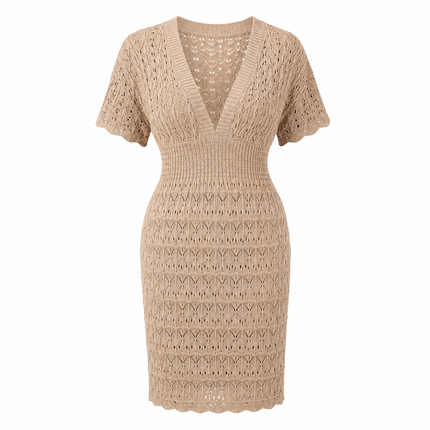 Heklet Strandkjole med V-hals for Dame – Kortermet Minikjole S–XL